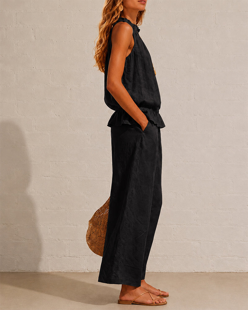 Seraphina Two-Piece Set – Sleeveless Ruffle Top and Wide-Leg Trousers - Black