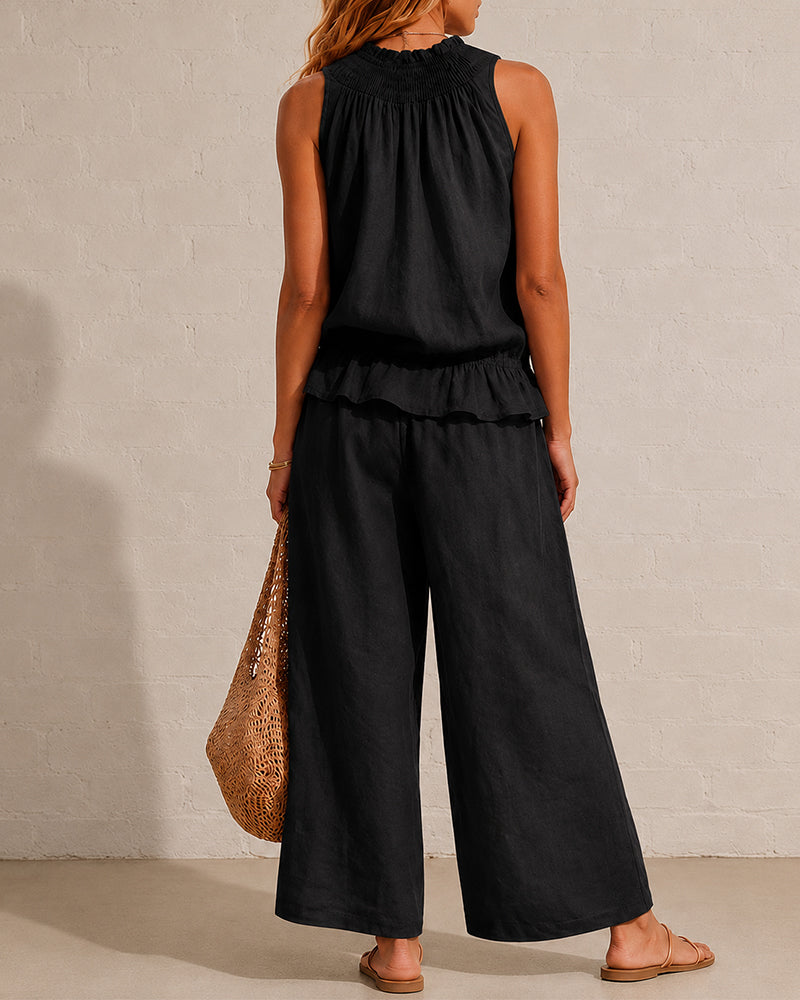 Seraphina Two-Piece Set – Sleeveless Ruffle Top and Wide-Leg Trousers - Black