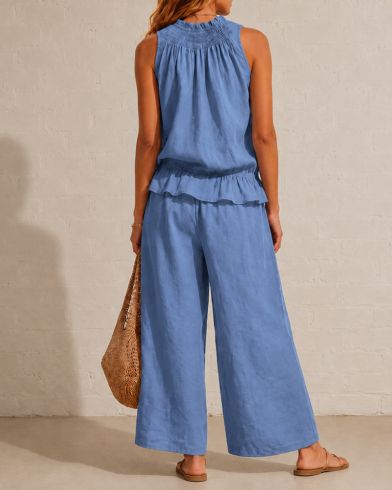 Seraphina Two-Piece Set – Sleeveless Ruffle Top and Wide-Leg Trousers - Blue