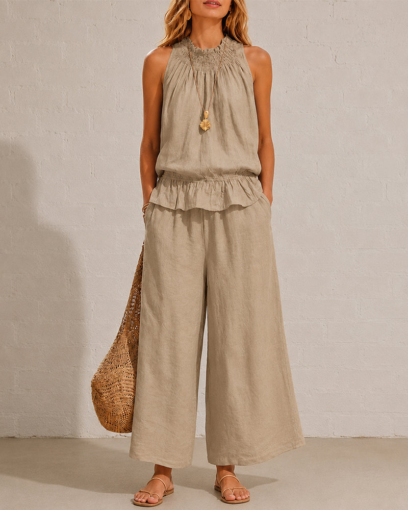 Seraphina Two-Piece Set – Sleeveless Ruffle Top and Wide-Leg Trousers - Khaki