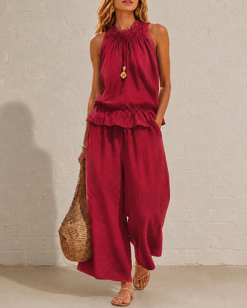 Seraphina Two-Piece Set – Sleeveless Ruffle Top and Wide-Leg Trousers - Red
