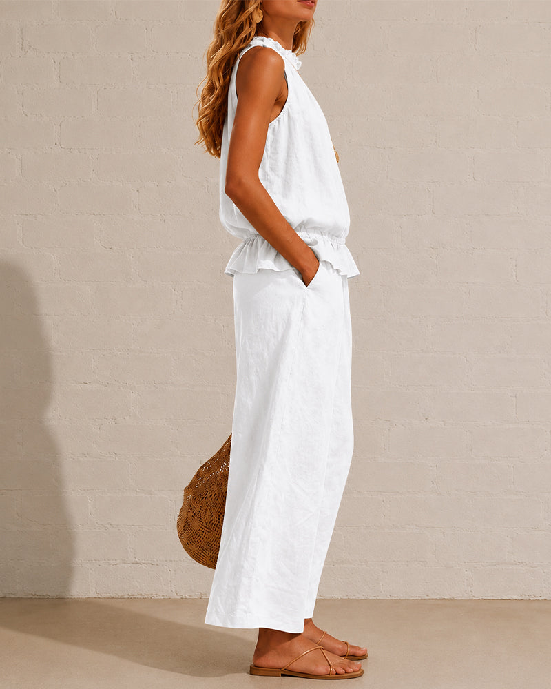 Seraphina Two-Piece Set – Sleeveless Ruffle Top and Wide-Leg Trousers - White