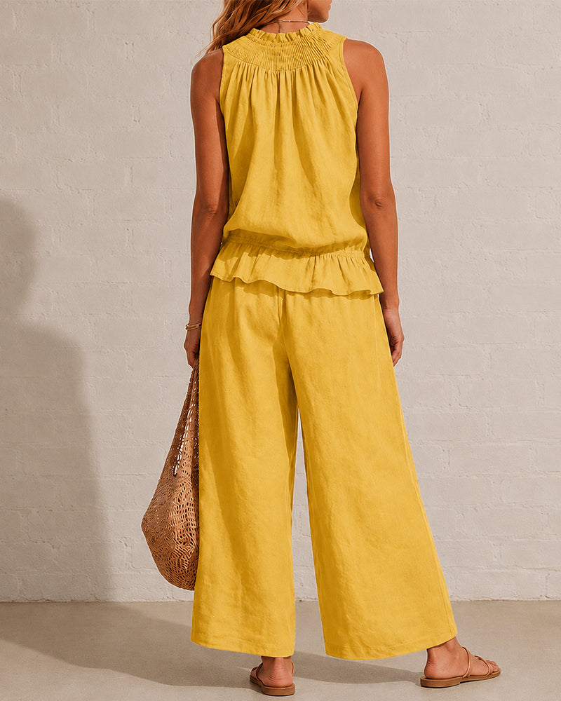 Seraphina Two-Piece Set – Sleeveless Ruffle Top and Wide-Leg Trousers - Yellow