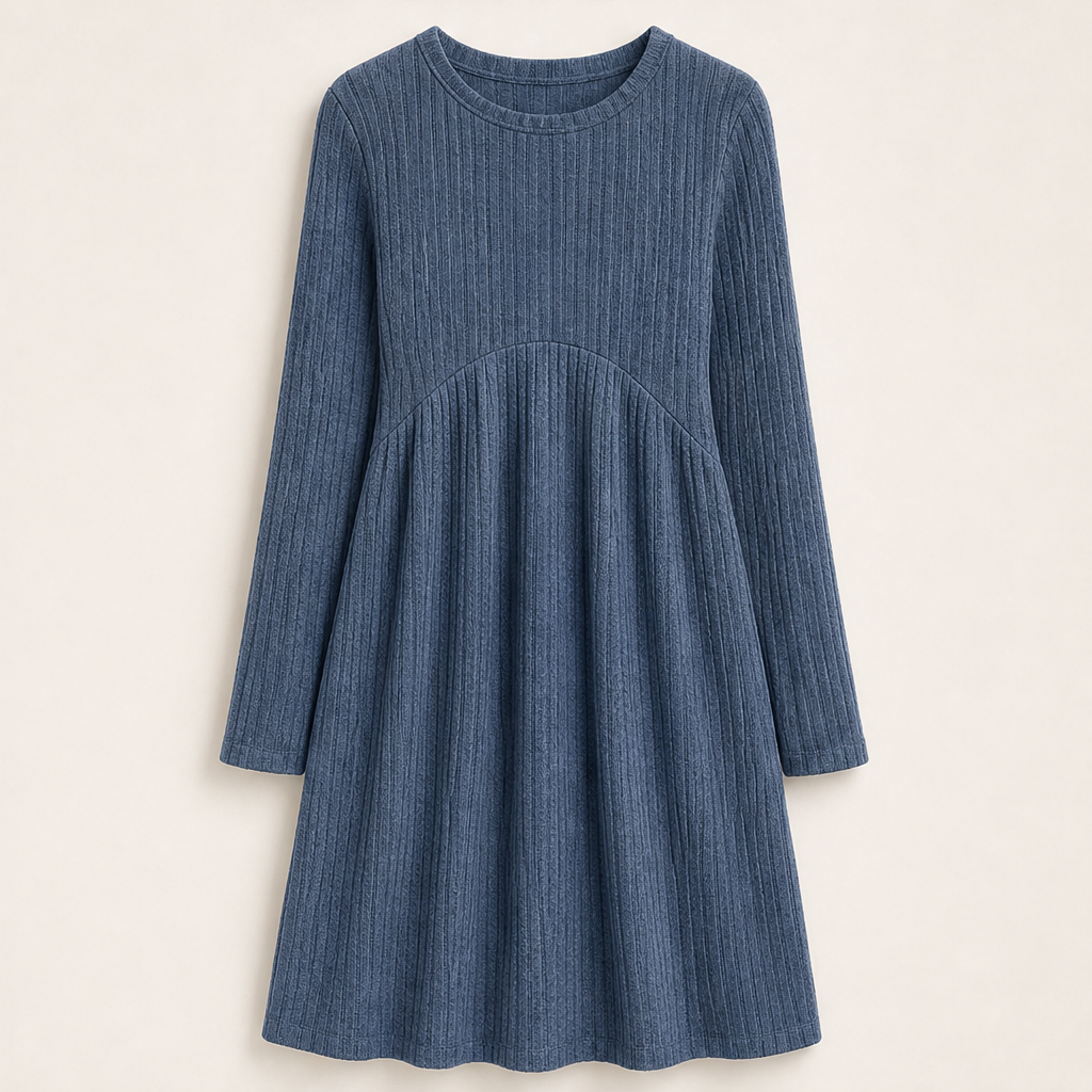 Seraphine Ribbed Midi Dress – A-Line Long Sleeve Side Pockets Blue