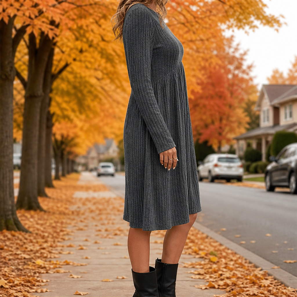 Seraphine Ribbed Midi Dress – A-Line Long Sleeve Side Pockets Grey