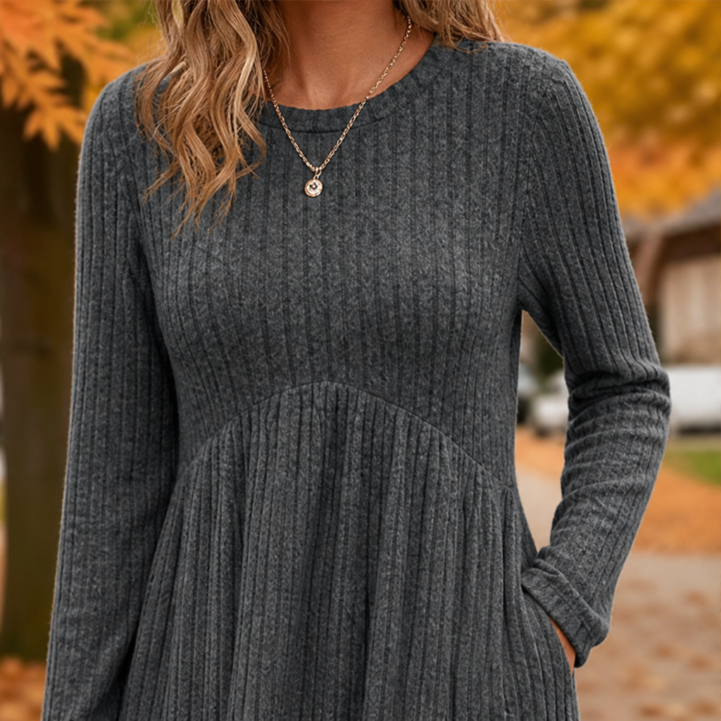 Seraphine Ribbed Midi Dress – A-Line Long Sleeve Side Pockets Grey