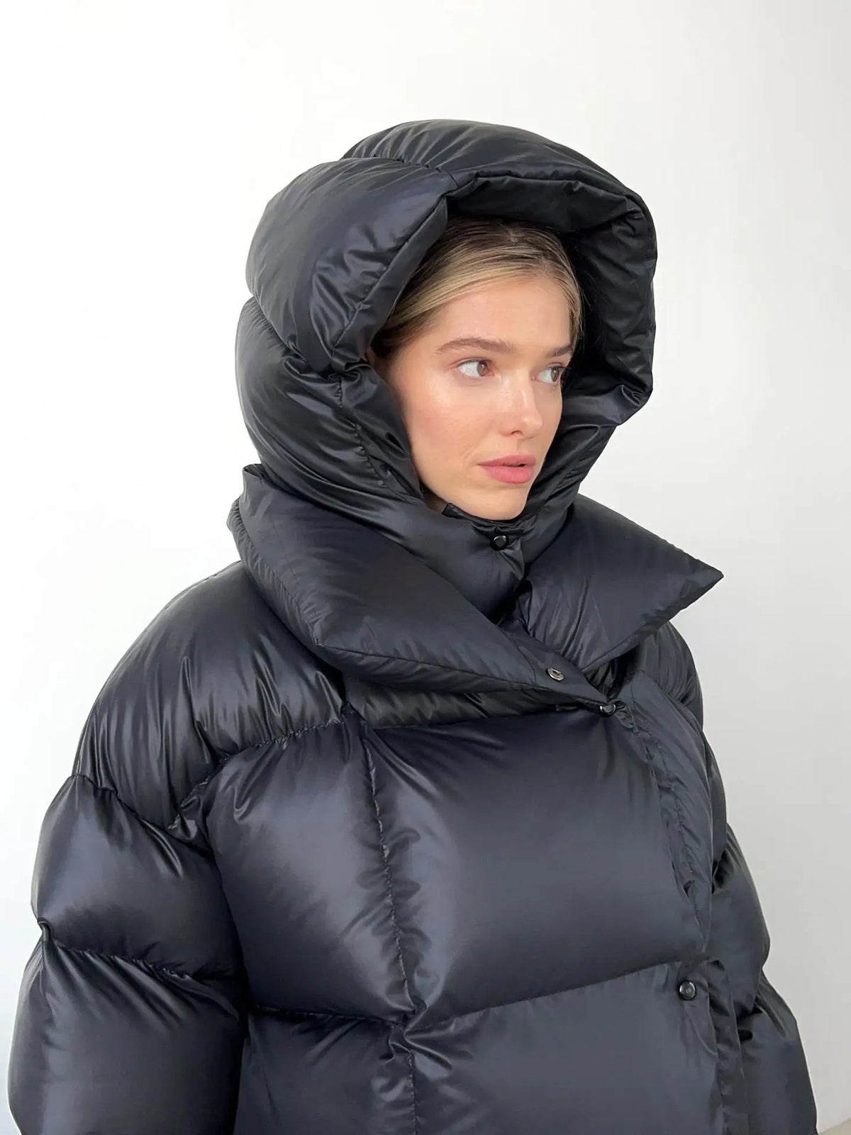 Sidonie Hooded Inflated Puffer Jacket – Snap Closure Long Sleeve Padded | Dorvelli