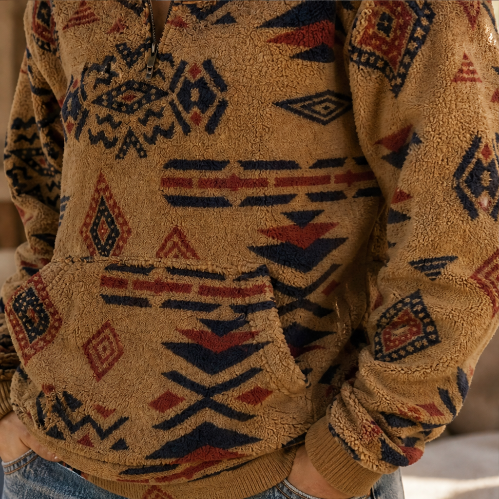 Sienna Half-Zip Sweatshirt – Aztec Print Stand Collar Kangaroo Pocket
