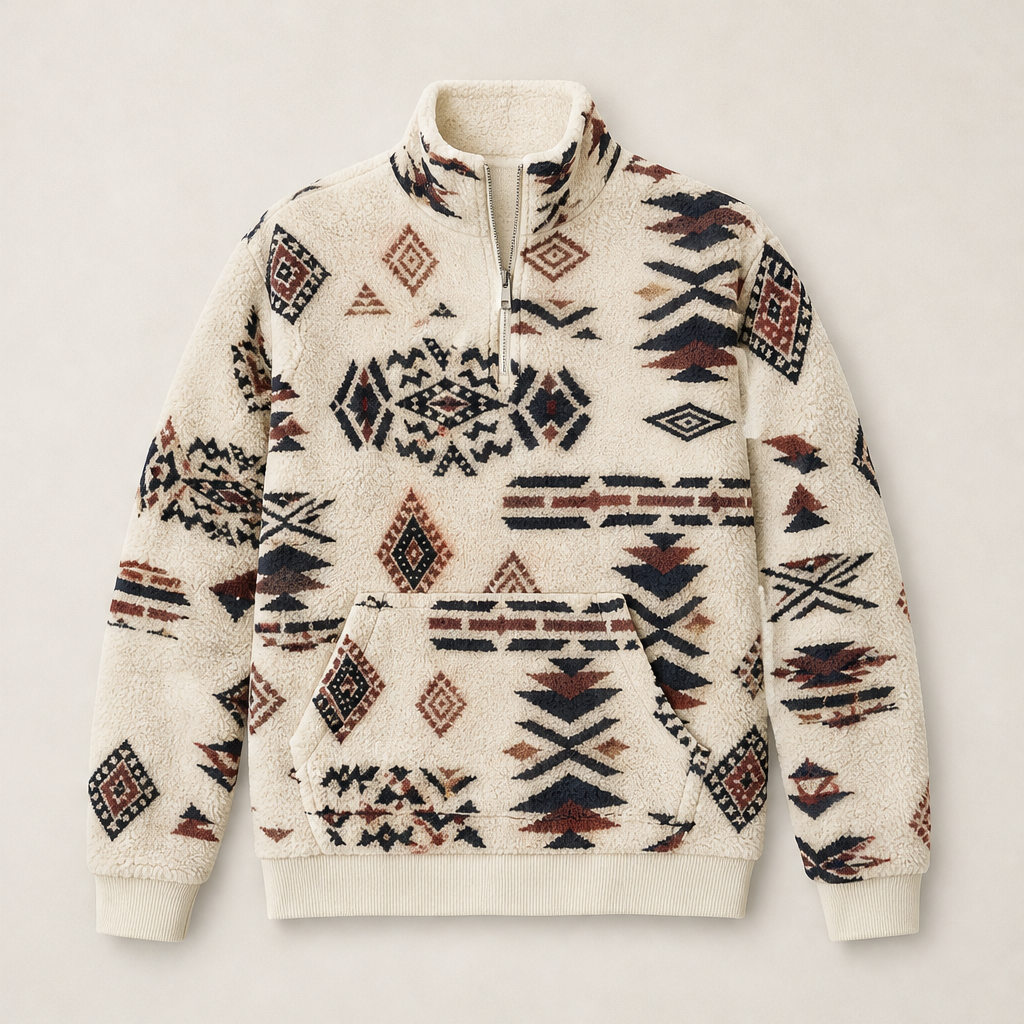 Sienna Half-Zip Sweatshirt – Aztec Print Stand Collar Kangaroo Pocket – Beige