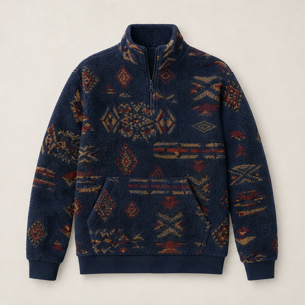 Sienna Half-Zip Sweatshirt – Aztec Print Stand Collar Kangaroo Pocket – Navy