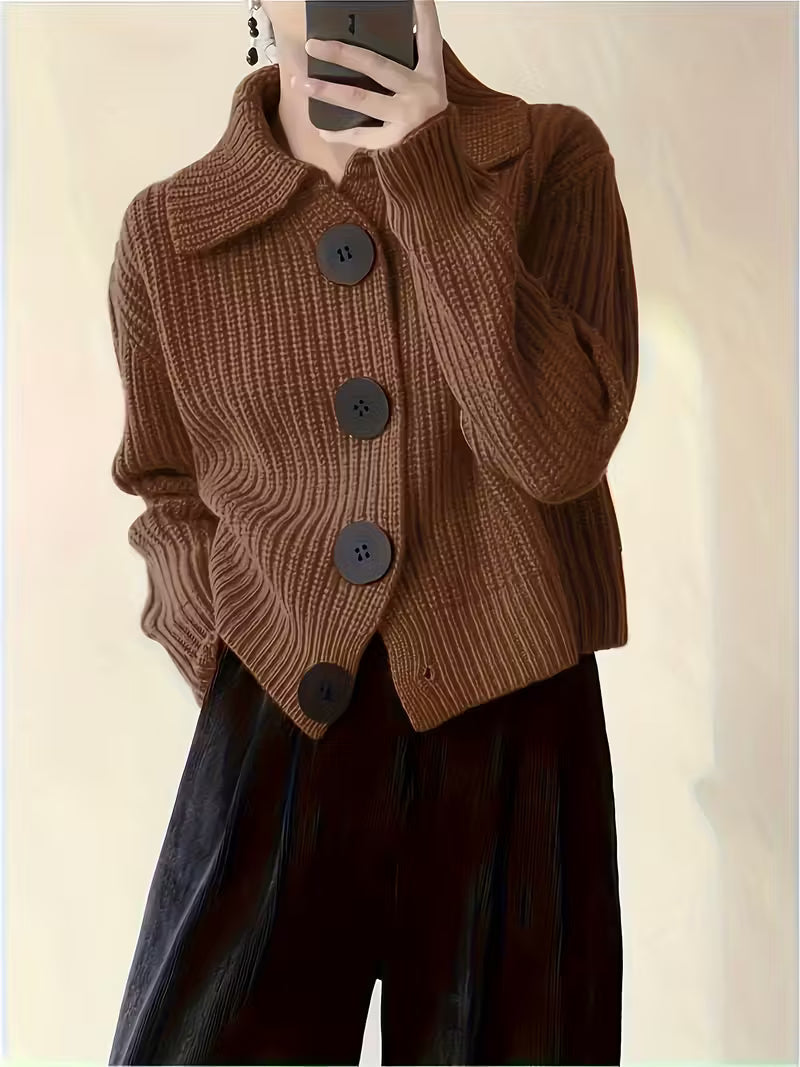 Sigrid Chunky Knit Cardigan – Oversized Button Front Round Neck Ribbed Cuffs – Coffee