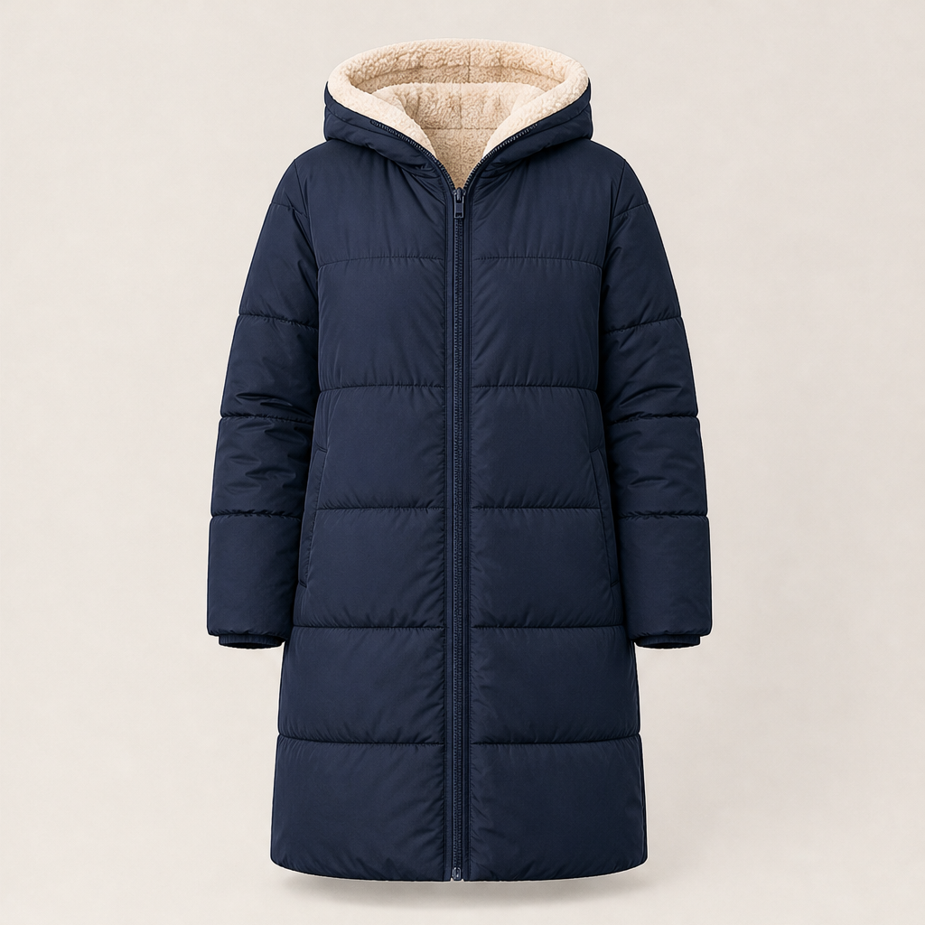 Solenne Reversible Long Puffer – Hooded Quilted Below-Knee Coat – Navy