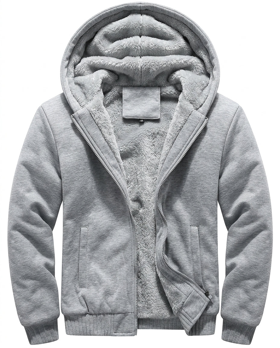 Solveig Plush-Lined Hooded Zip Jacket – Ribbed Cuffs Vertical Pockets Long Sleeve – Grey