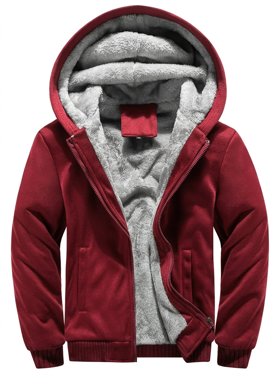 Solveig Plush-Lined Hooded Zip Jacket – Ribbed Cuffs Vertical Pockets Long Sleeve – Red