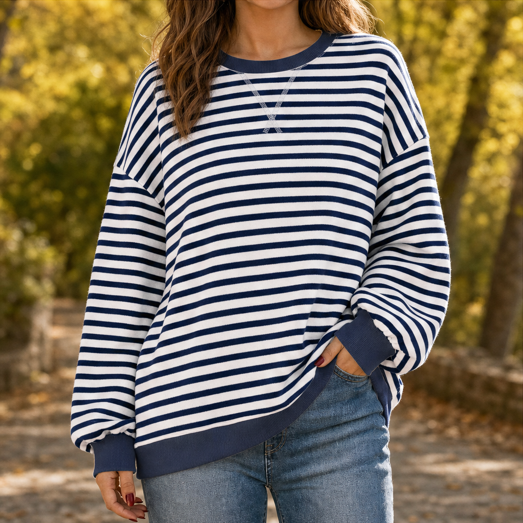 Talia Striped Oversized Sweatshirt – Crew Neck Lantern Sleeve Pullover Navy Stripe