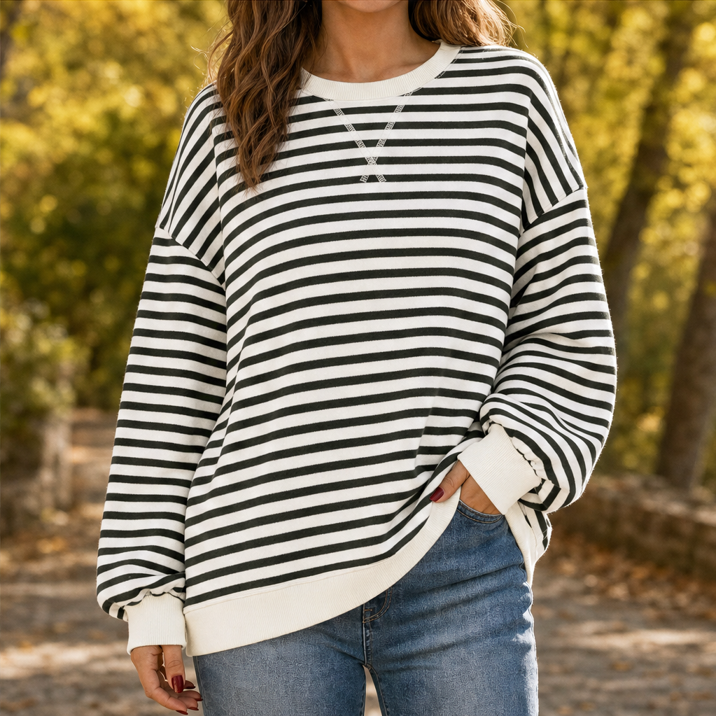 Talia Striped Oversized Sweatshirt – Crew Neck Lantern Sleeve Pullover Olive Stripe