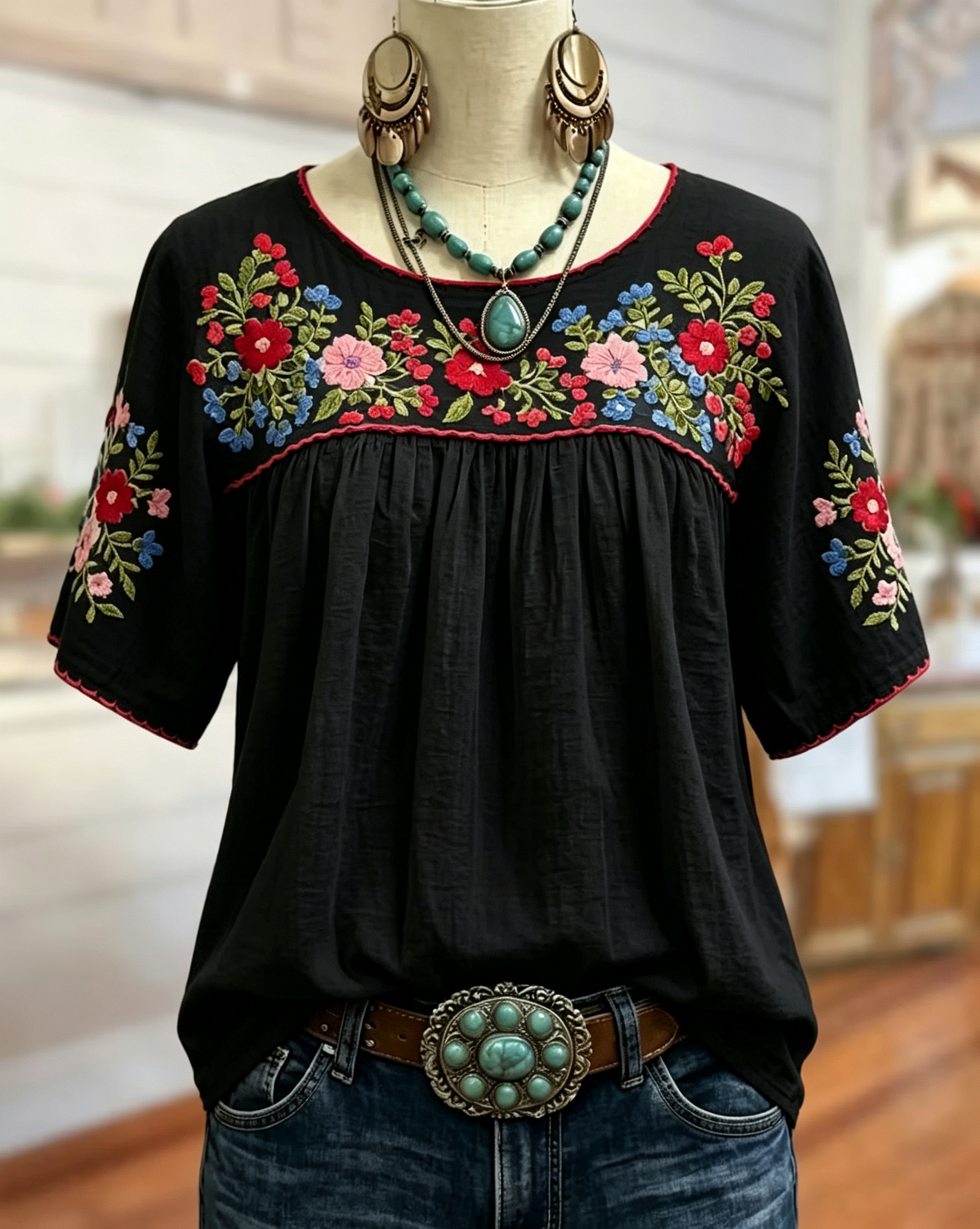 Thalia Floral Embroidered Blouse – Scoop Neck Gathered Yoke Short Sleeve – Black