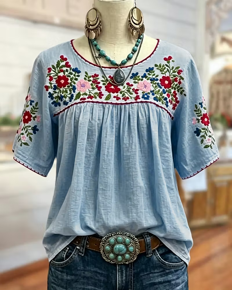 Thalia Floral Embroidered Blouse – Scoop Neck Gathered Yoke Short Sleeve – Blue