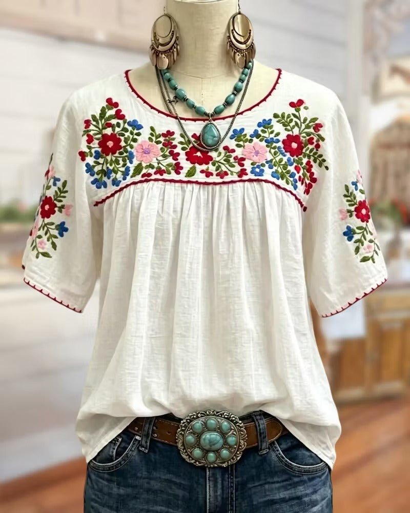 Thalia Floral Embroidered Blouse – Scoop Neck Gathered Yoke Short Sleeve – White