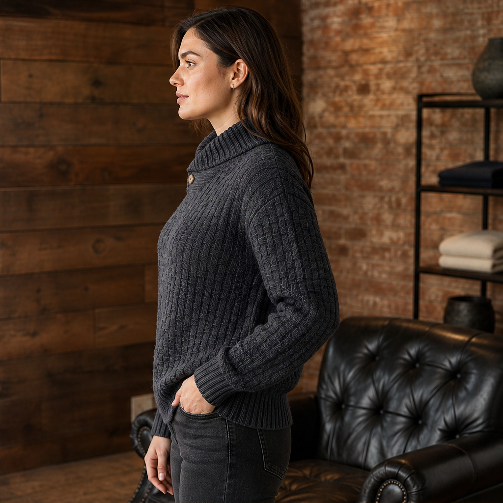 Thea Shawl Collar Jumper – Textured Knit Button Neck Pullover