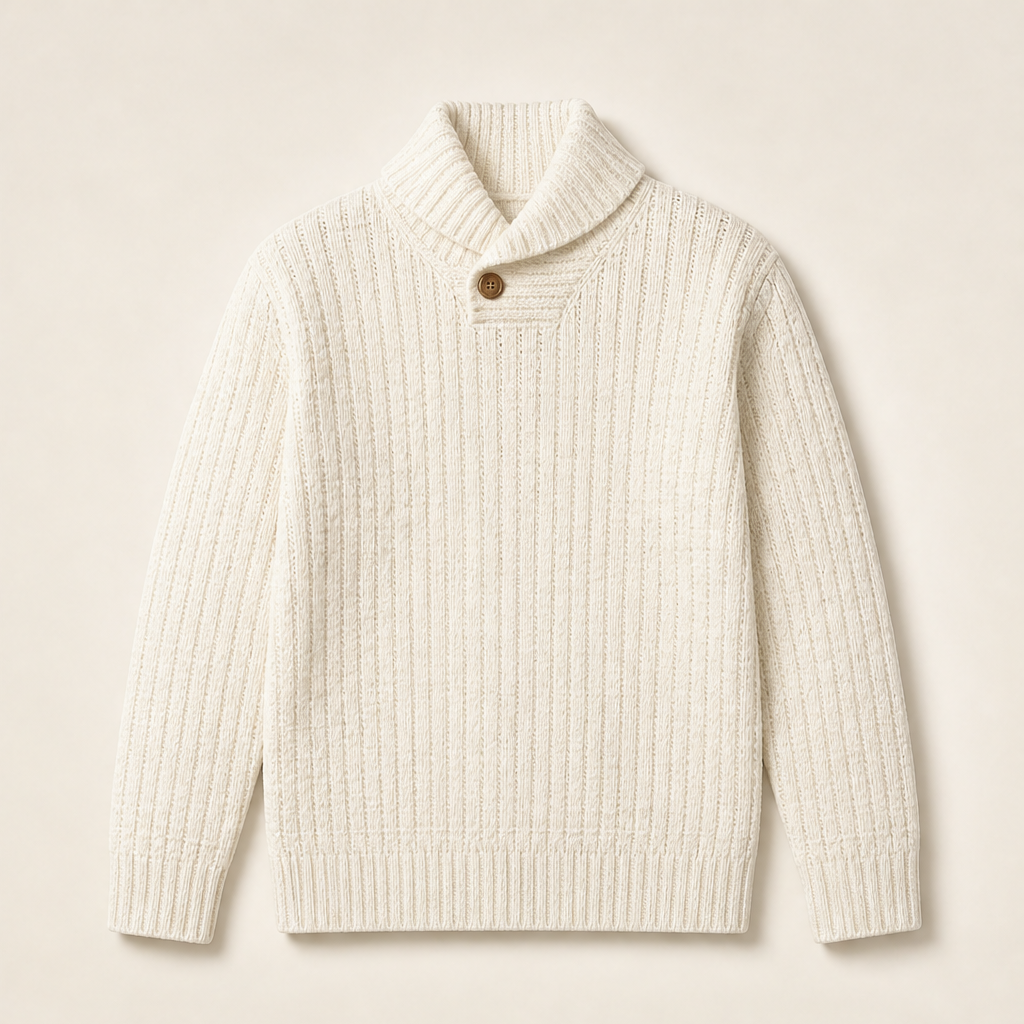 Thea Shawl Collar Jumper – Textured Knit Button Neck Pullover – Beige