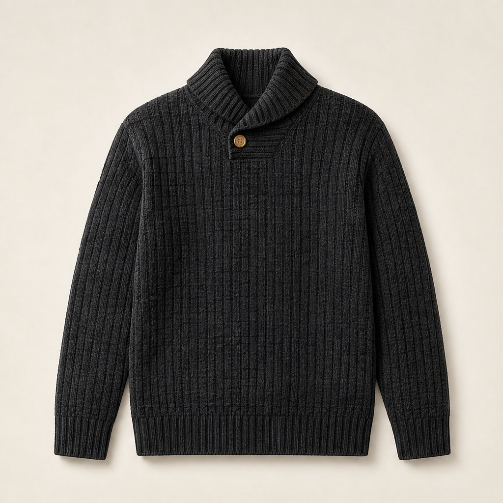 Thea Shawl Collar Jumper – Textured Knit Button Neck Pullover – Black