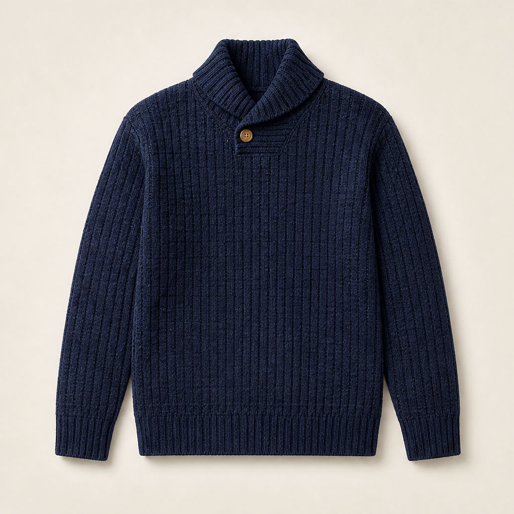 Thea Shawl Collar Jumper – Textured Knit Button Neck Pullover – Navy
