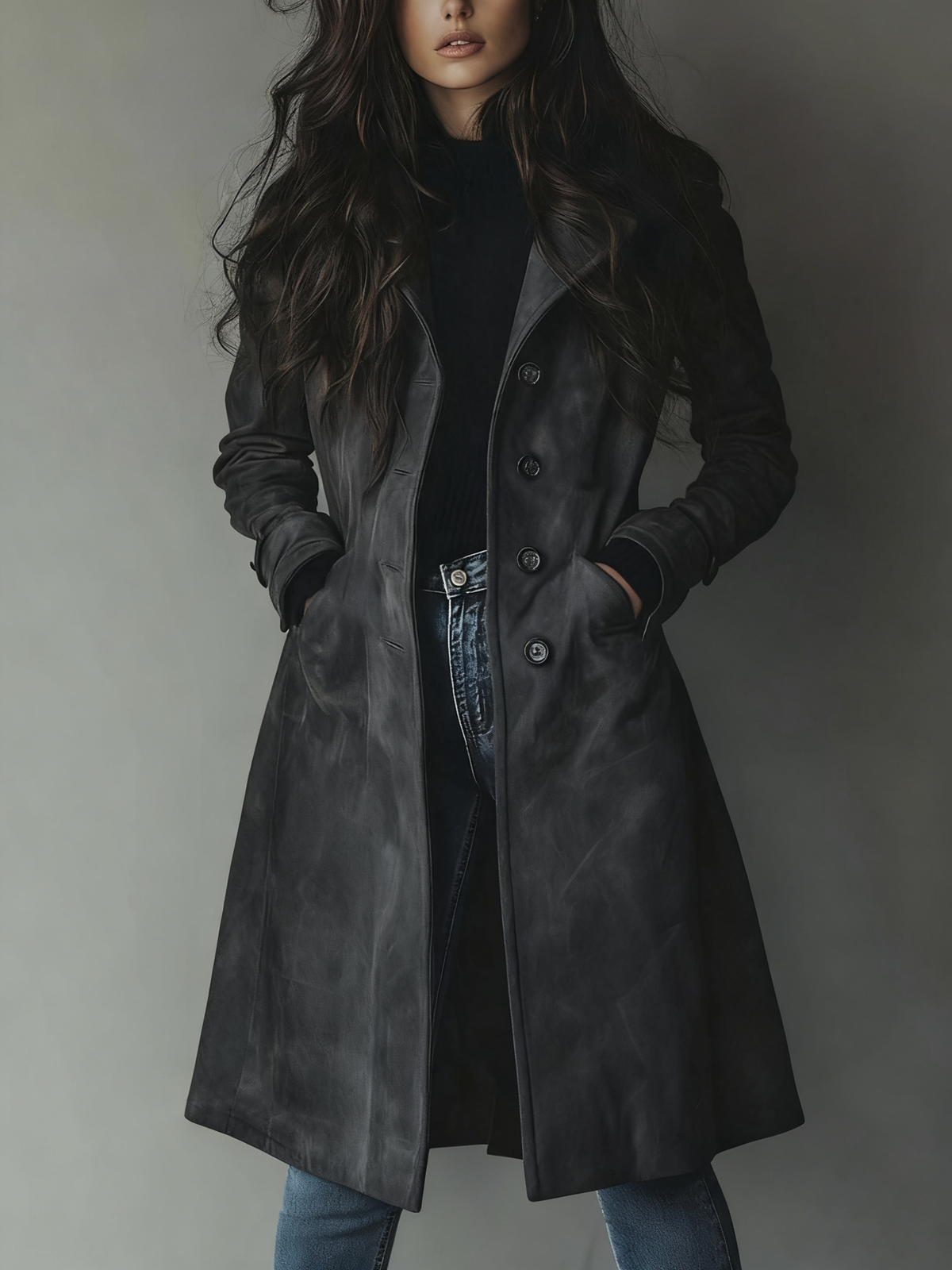 Thessaly Vintage-Inspired Trench Coat - Dark Grey