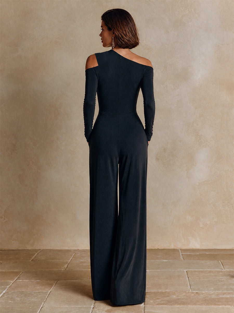 Valeska One-Shoulder Jumpsuit – Cut-Out Long Sleeve Wide-Leg Evening