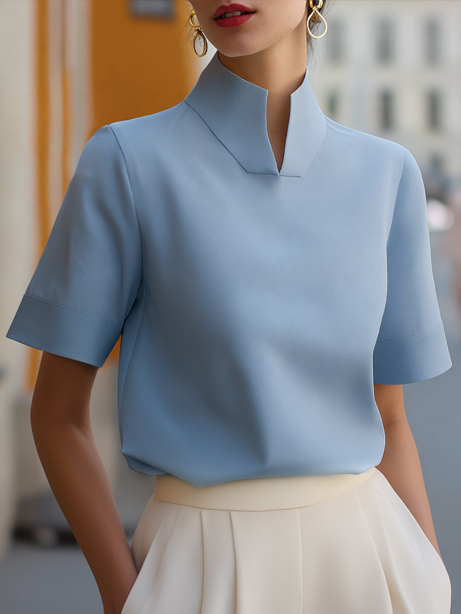 Dorvelli | Women's Blouse – Stand Collar Minimalist - Blue