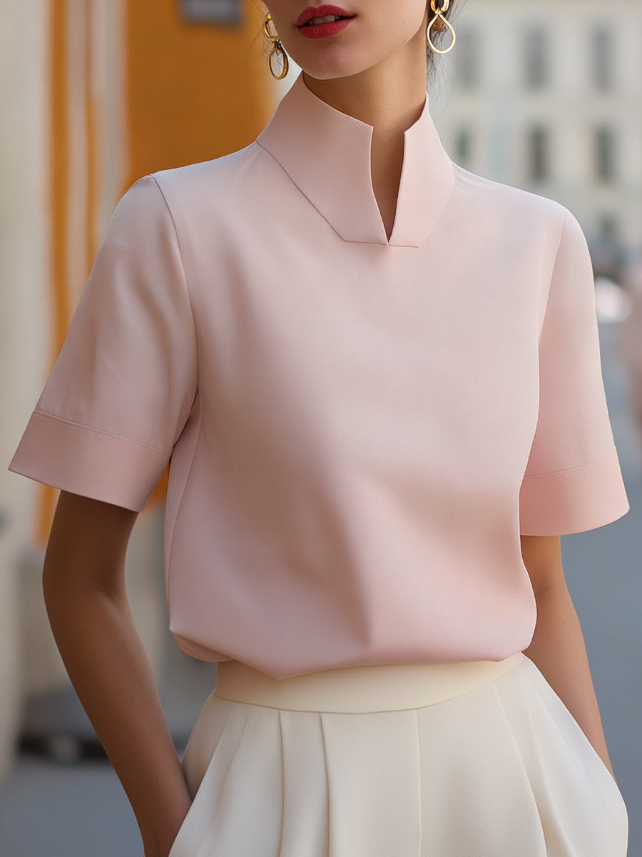 Dorvelli | Women's Blouse – Stand Collar Minimalist - Pink