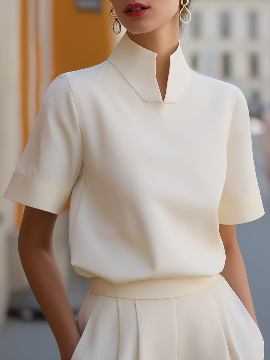 Dorvelli | Women's Blouse – Stand Collar Minimalist - White