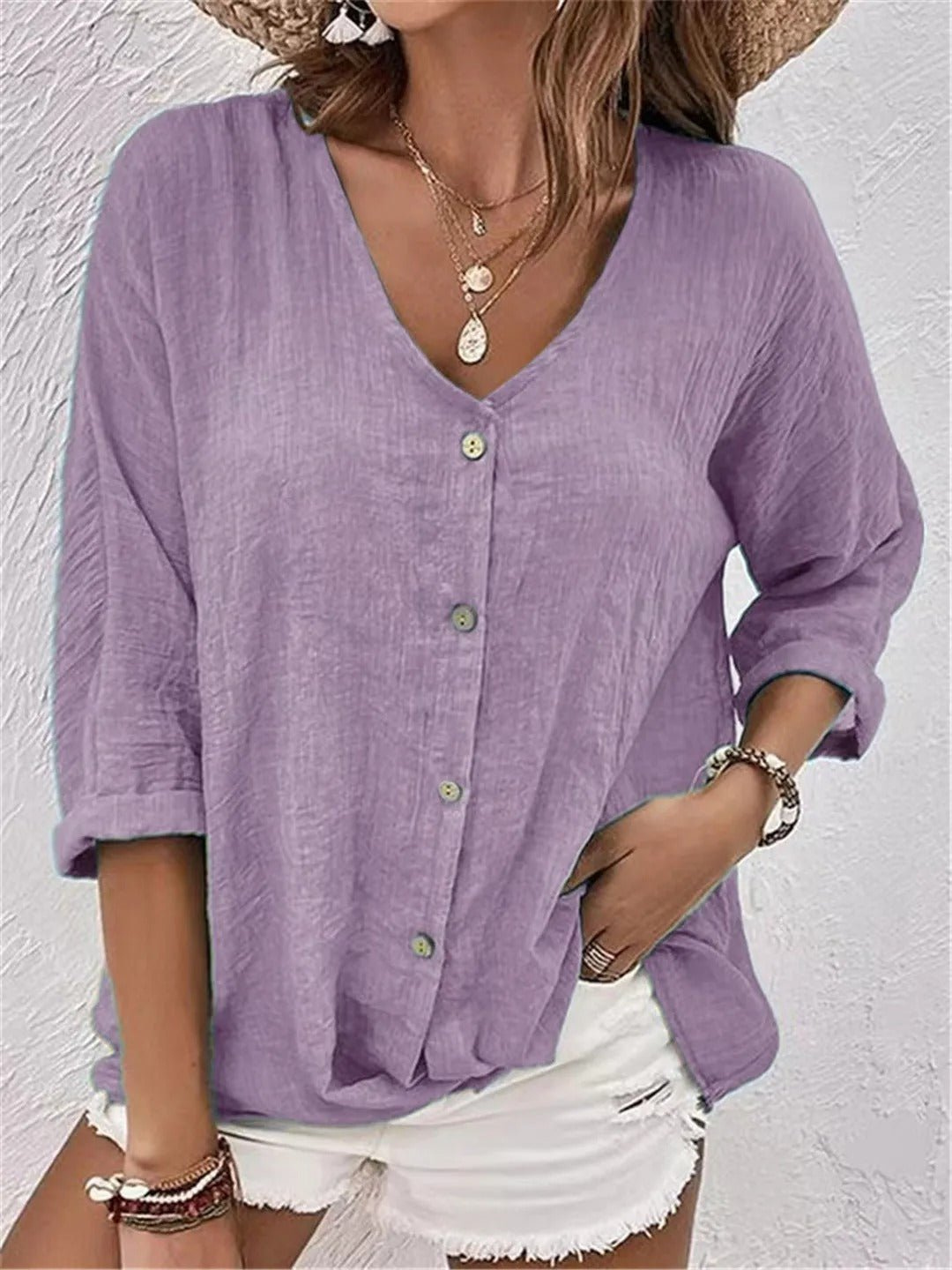 Dorvelli | Women’s Blouse – V-Neck Button-Front