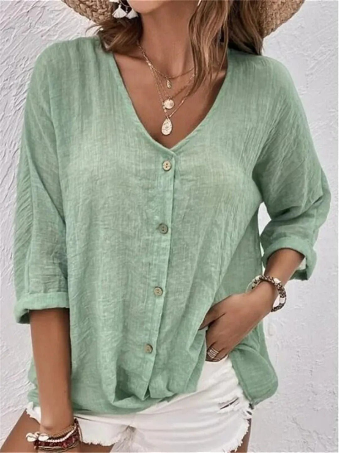Dorvelli | Women’s Blouse – V-Neck Button-Front