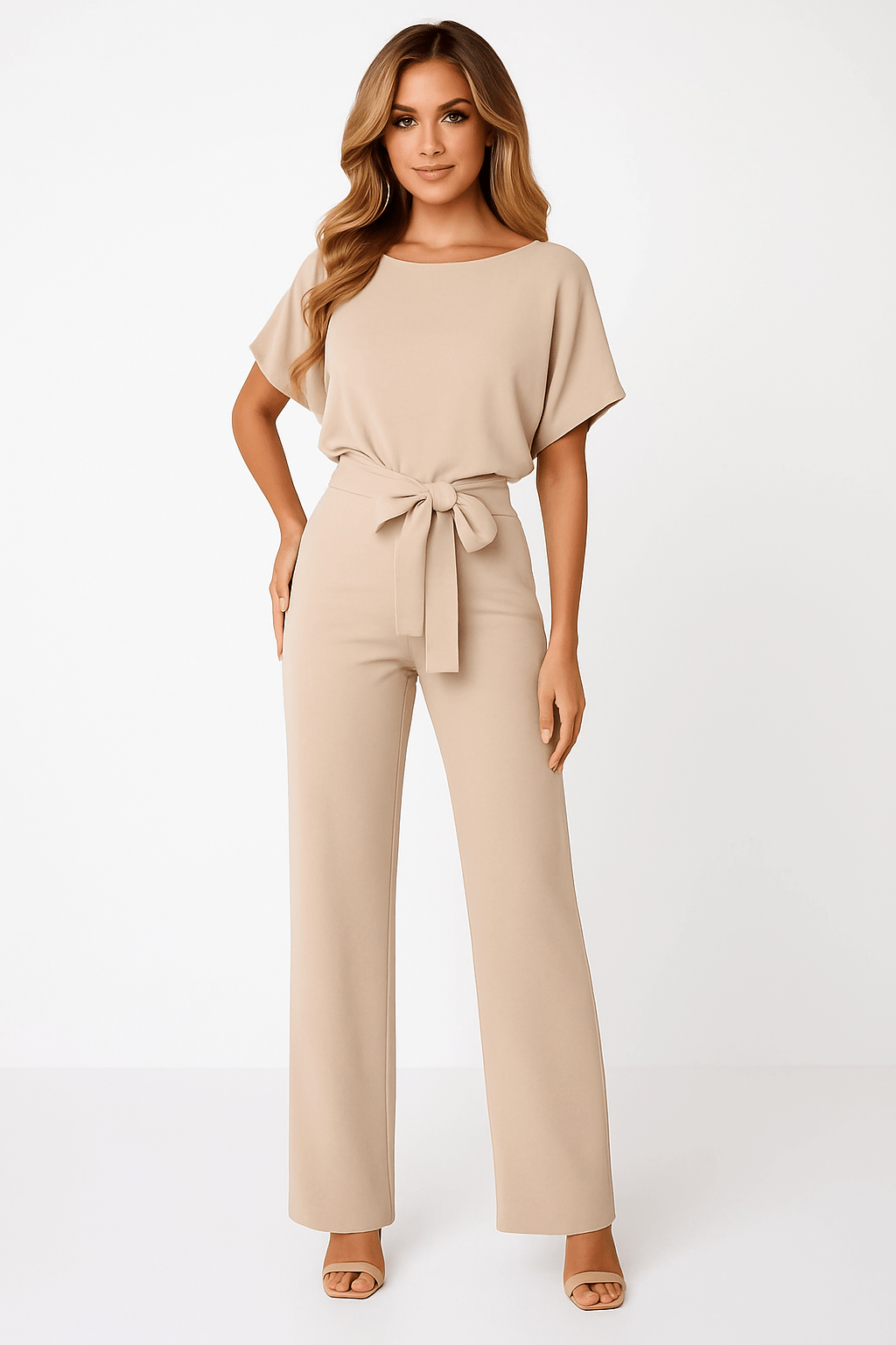 Dorvelli | Women's Jumpsuit – Tie Belt - Beige
