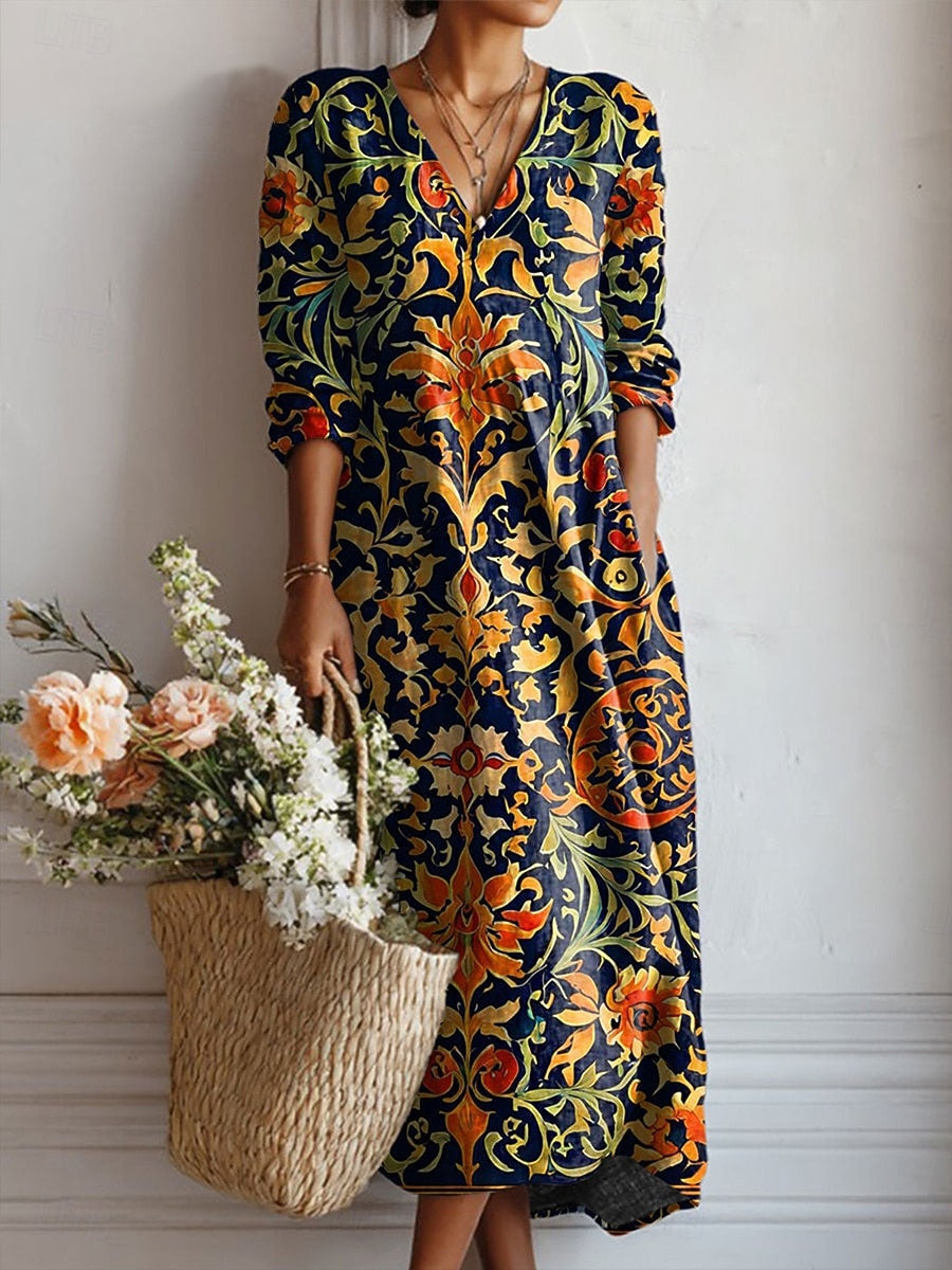 Dorvelli | Women’s Midi Dress – Boho Baroque V-Neck