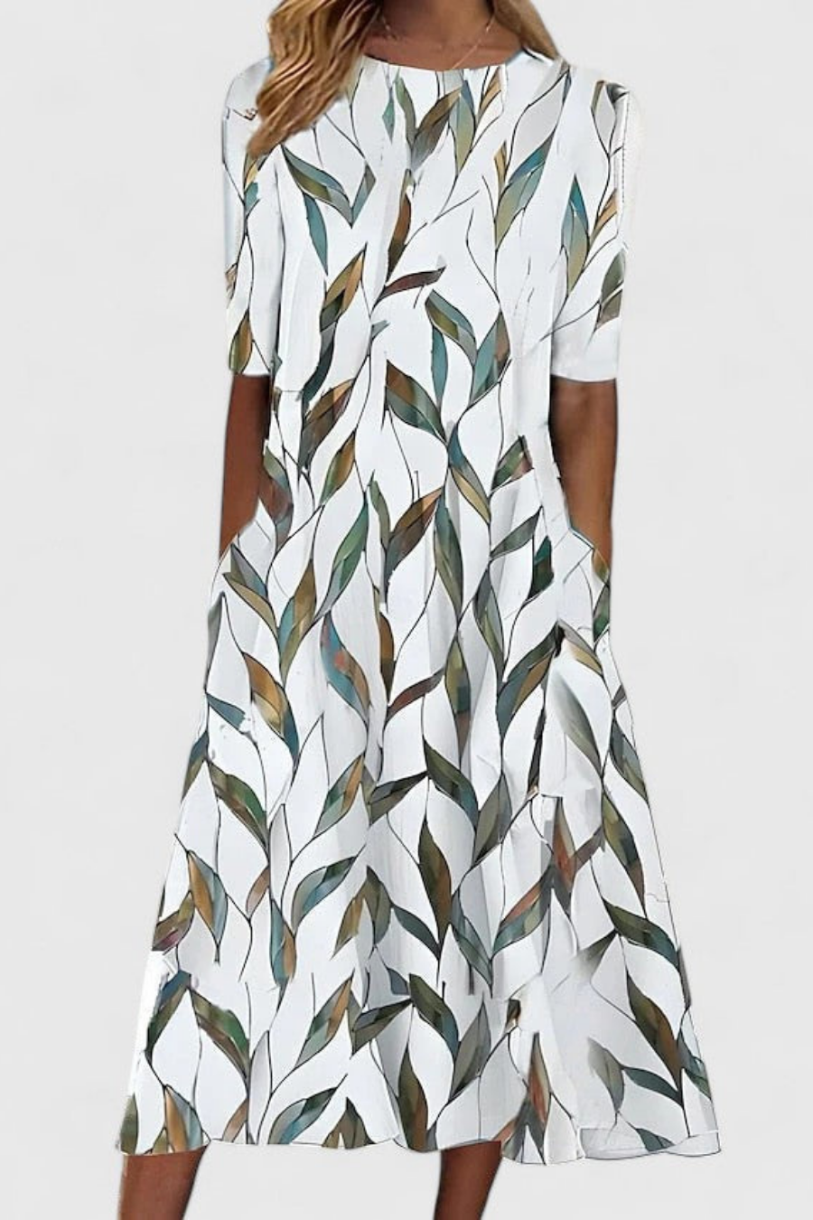 Dorvelli | Women’s Midi Dress – Floral Round-Neck Pocket
