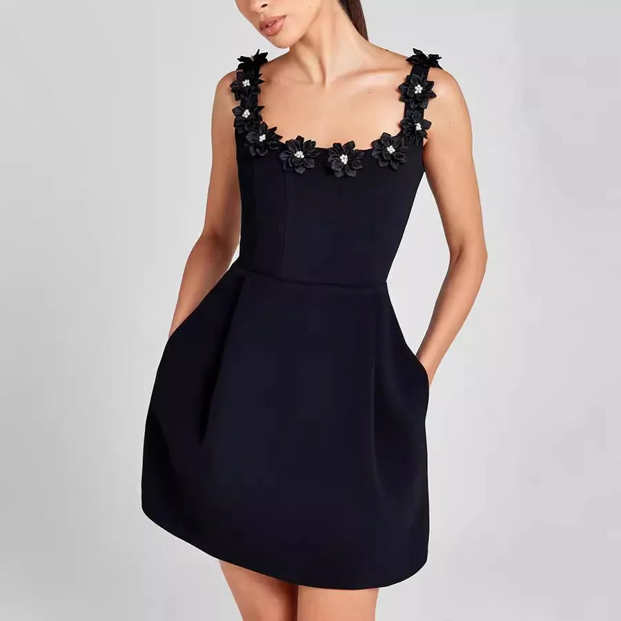 Dorvelli | Women's Mini Dress – Square Neck Floral - Black