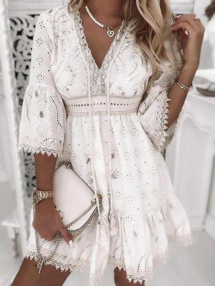 Dorvelli | Women’s Summer Dress – Eyelet V-Neck Mini