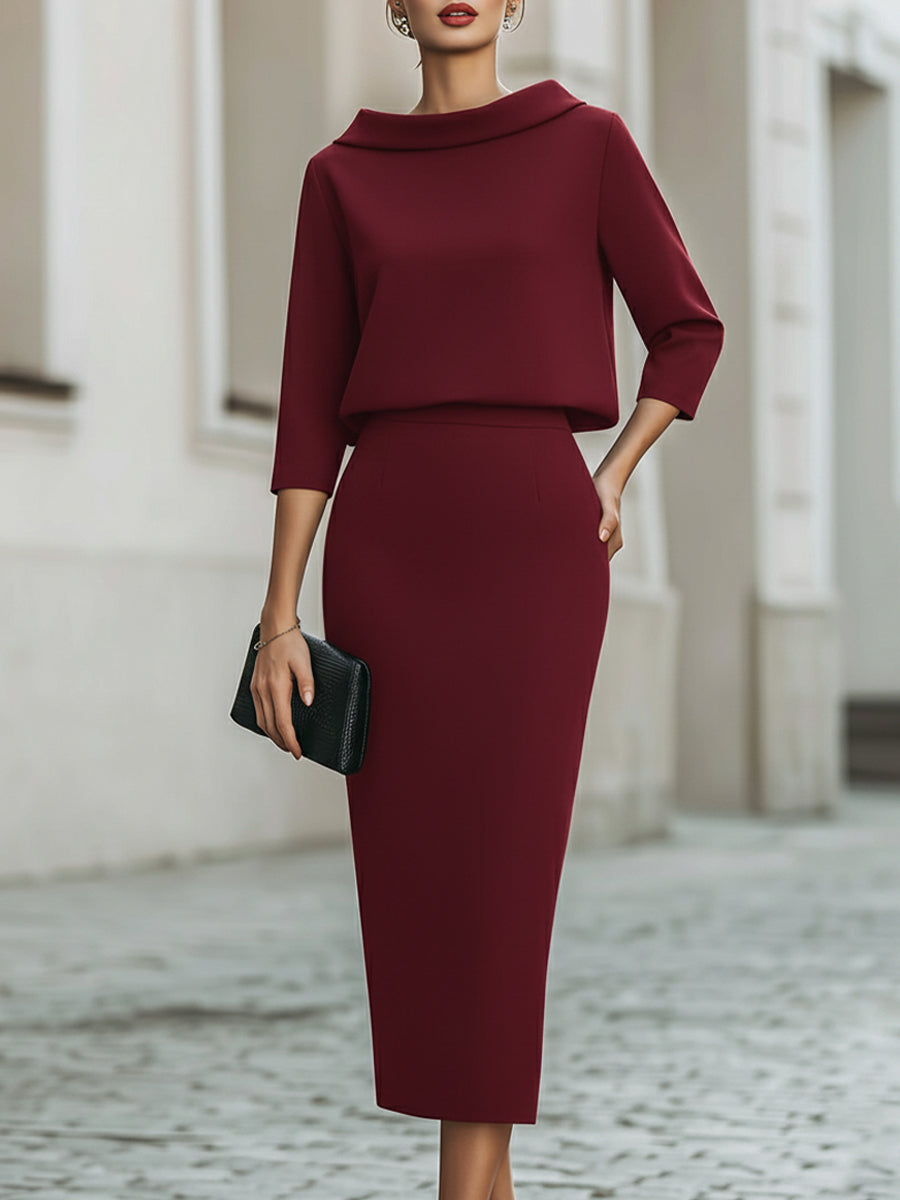 Dorvelli | Women's Set – Boat Neck Midi Skirt - Wine Red