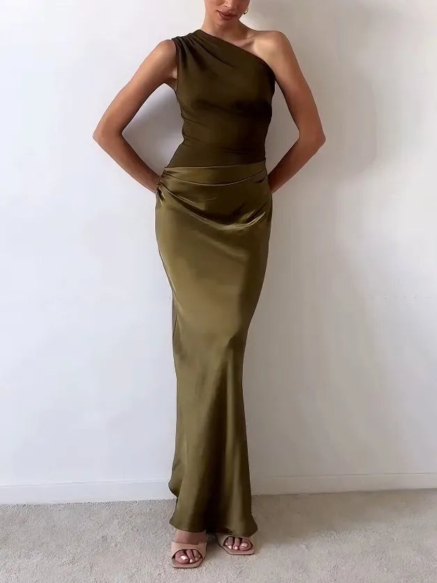 Dorvelli | Women’s Wedding Guest Maxi Dress – One-Shoulder Pleated Gown