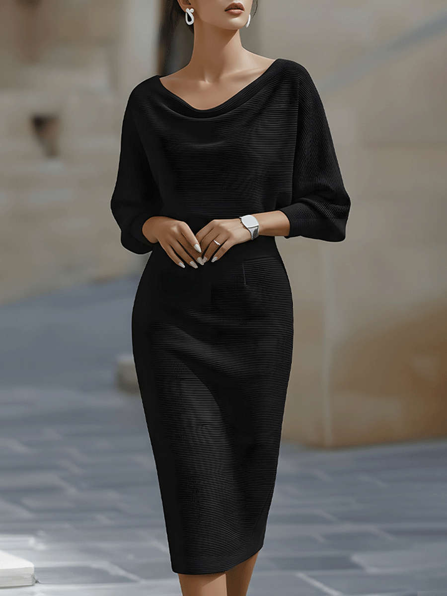 Dorvelli | Women's Midi Dress – White Batwing Draped - Black