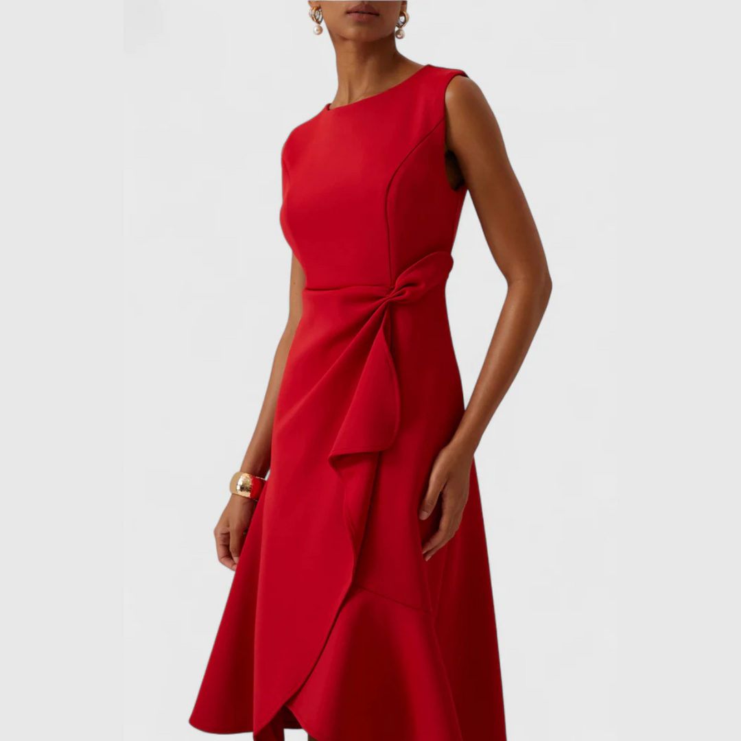 Dorvelli | Women’s Wedding Guest Midi Dress – Draped Asymmetric A-Line