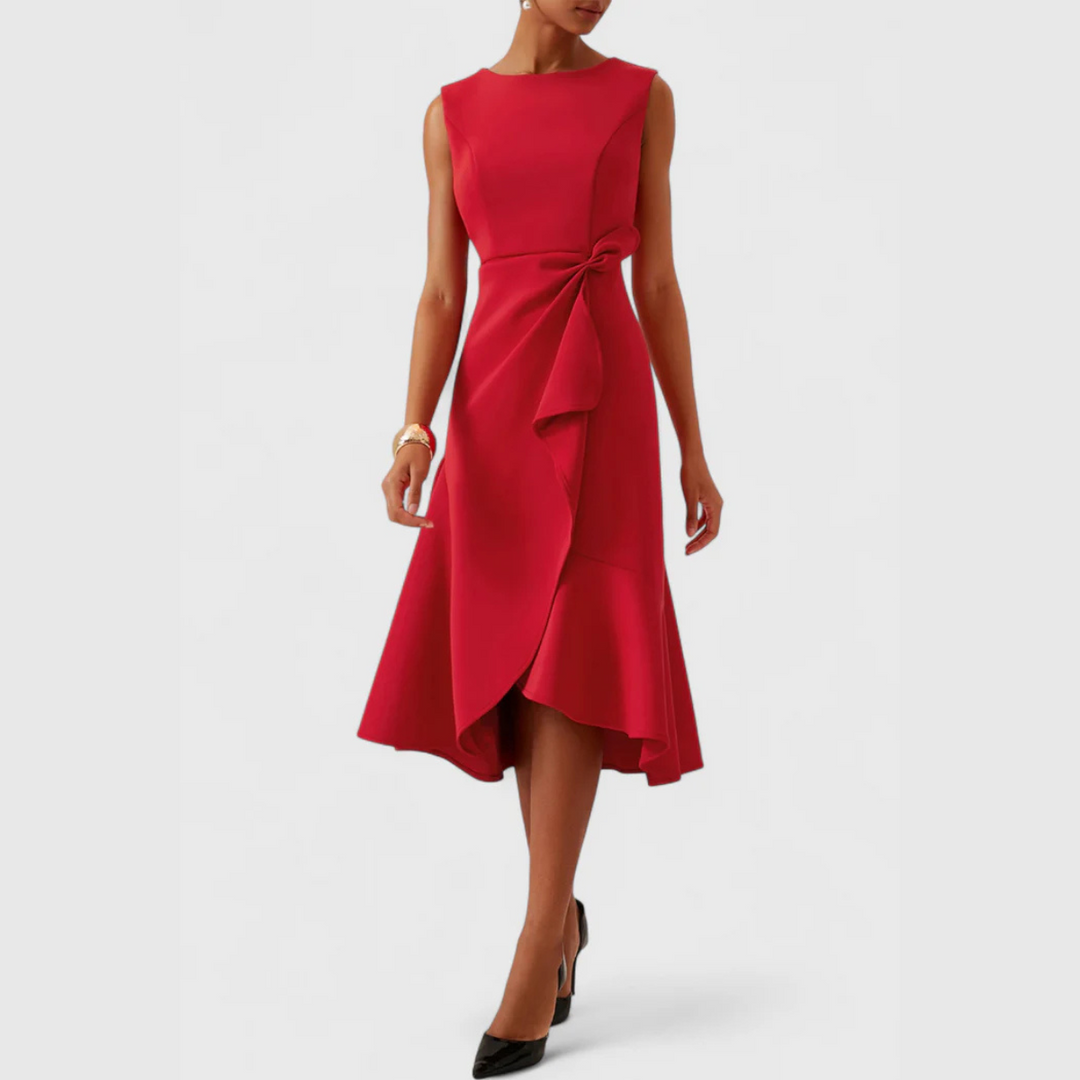 Dorvelli | Women’s Wedding Guest Midi Dress – Draped Asymmetric A-Line