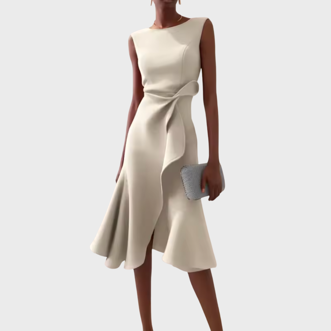 Dorvelli | Women’s Wedding Guest Midi Dress – Draped Asymmetric A-Line