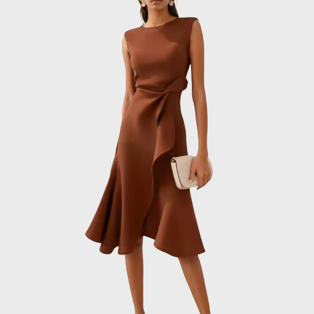 Dorvelli | Women’s Wedding Guest Midi Dress – Draped Asymmetric A-Line