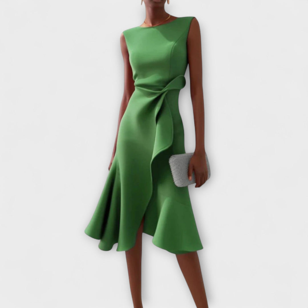 Dorvelli | Women’s Wedding Guest Midi Dress – Draped Asymmetric A-Line