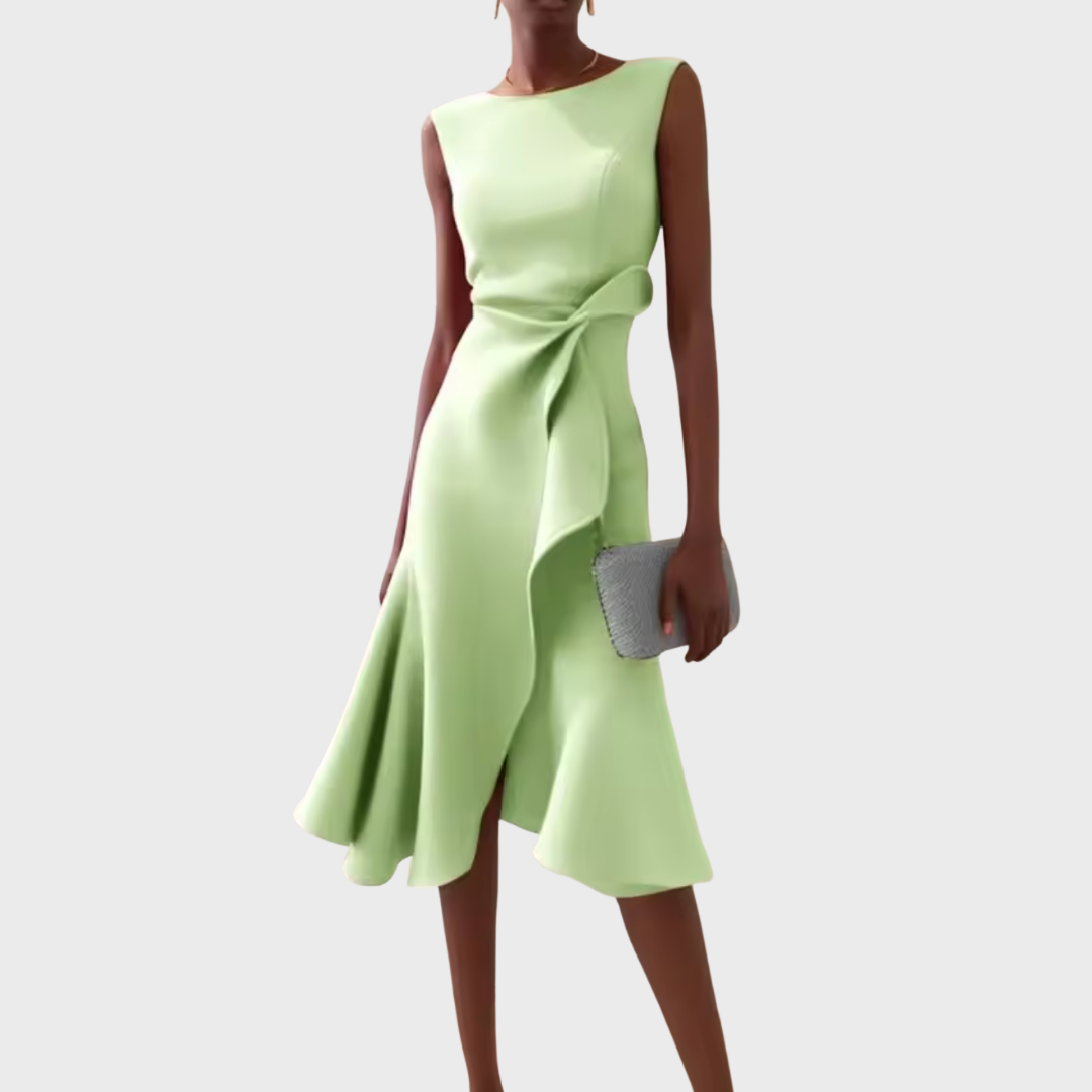 Dorvelli | Women’s Wedding Guest Midi Dress – Draped Asymmetric A-Line