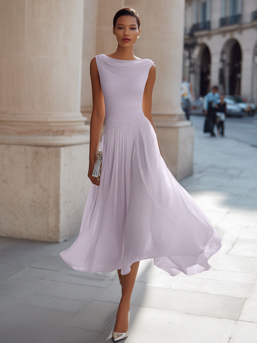 Dorvelli | Women's Midi Dress – Draped Neck Sleeveless - Purple