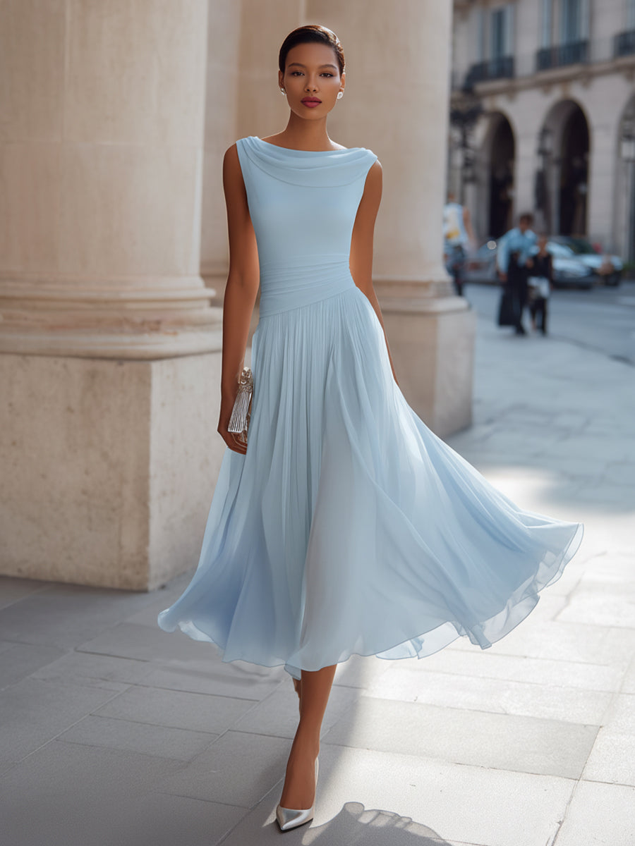 Dorvelli | Women's Midi Dress – Draped Neck Sleeveless - Sky Blue